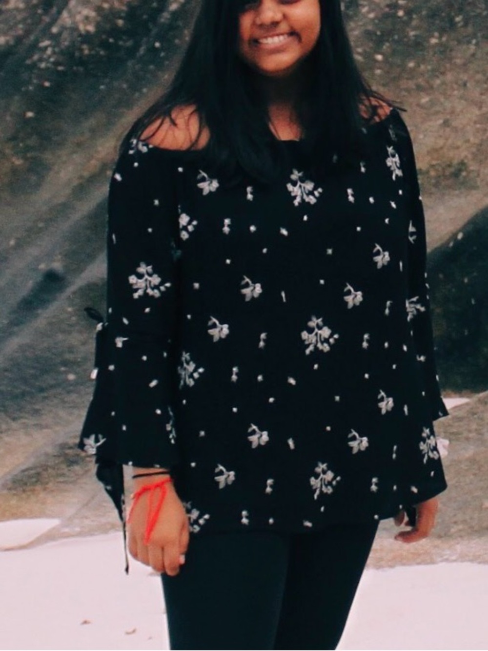Black Floral Off-Shoulder Bell Sleeve Top